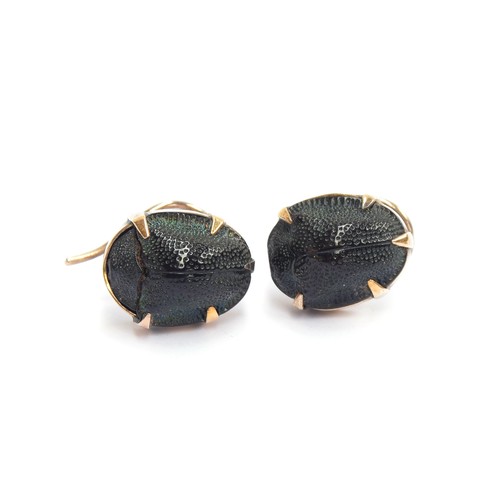 28 - A pair of Victorian gold mounted scarab beetle earrings, each 1.5cm long, 2.3g