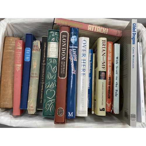 495 - BOOKS: a box, and a wicker basket of books. SIGNED copies (Ranulph Fiennes, Derek Dougan, and others... 