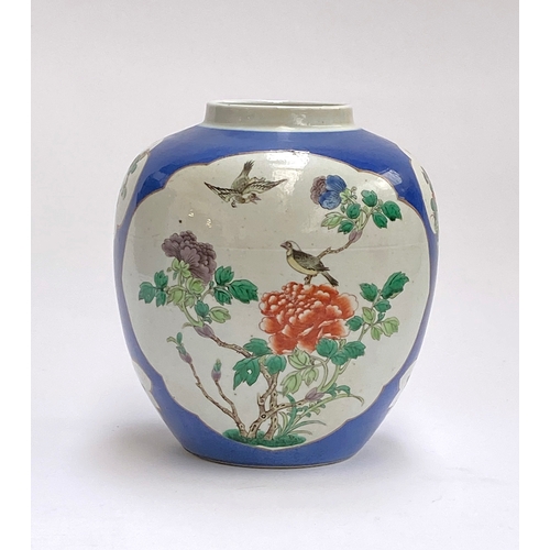 165 - A large Chinese blue ground famille verte ginger jar,  22.5cmH, together with a carved hardwood base... 