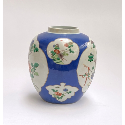 165 - A large Chinese blue ground famille verte ginger jar,  22.5cmH, together with a carved hardwood base... 