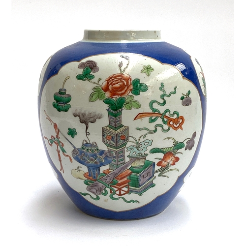 165 - A large Chinese blue ground famille verte ginger jar,  22.5cmH, together with a carved hardwood base... 