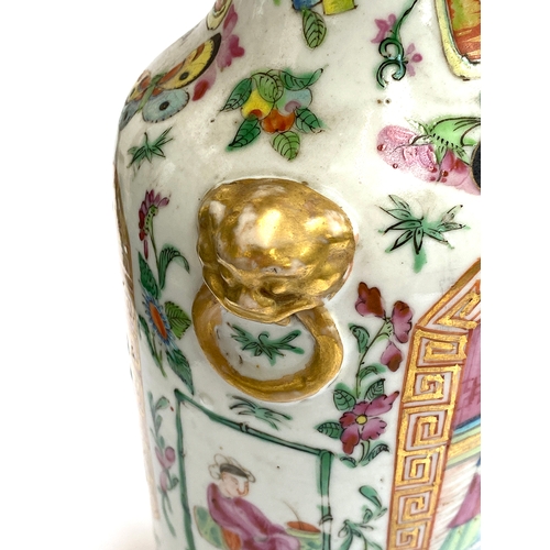 221 - A late 19th century Chinese famille rose vase of baluster form with applied lion mask handles, depic... 