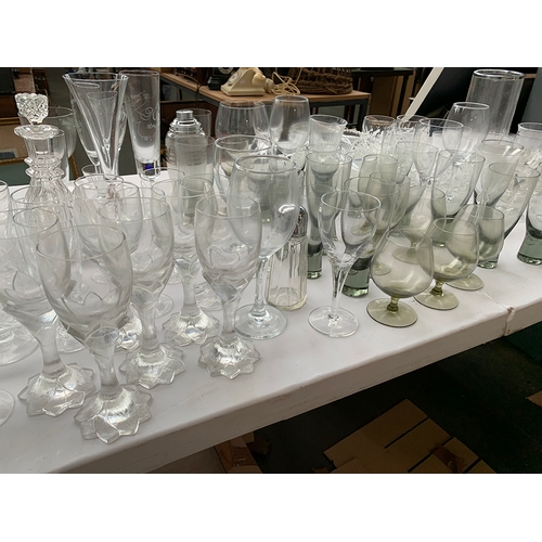 204 - Two boxes of glasses, to include Royal Doulton brandy balloons, smoked glass etc