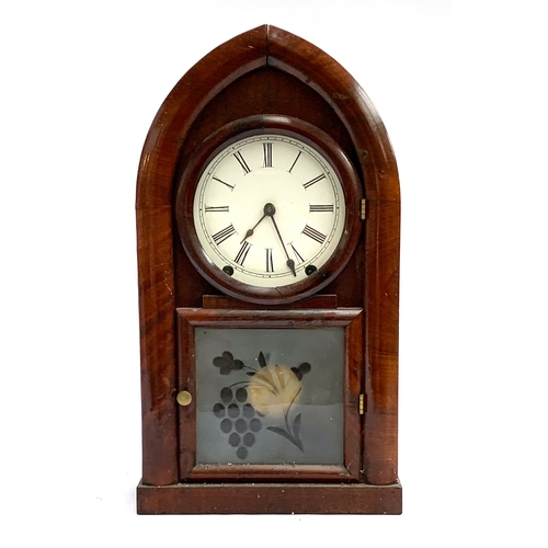 106 - A Gothic arched mahogany mantel clock with engraved frosted glass panel, 47cmH