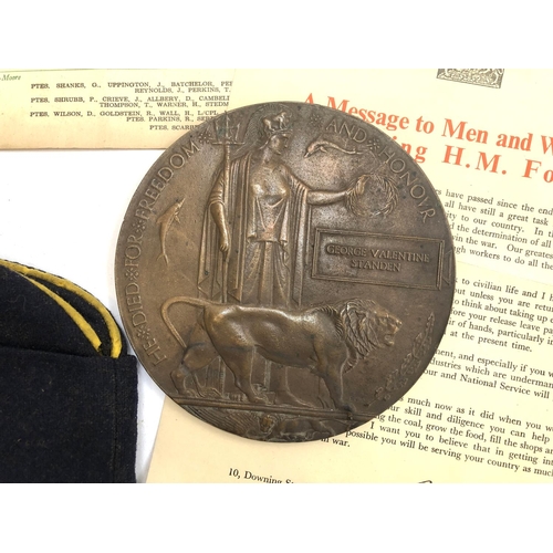 230 - A WWI death penny plaque for George Valentine Standen, together with a Royal Artillery side cap, Sap... 