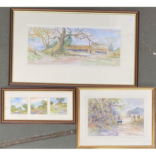 675 - Three John Grant watercolours of farm and country scenes, all signed in pencil, the largest 55.5x22c... 