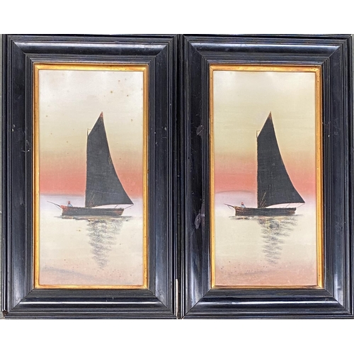 676 - Two 20th century mixed media pictures of boats at sunset, both 34x16cm