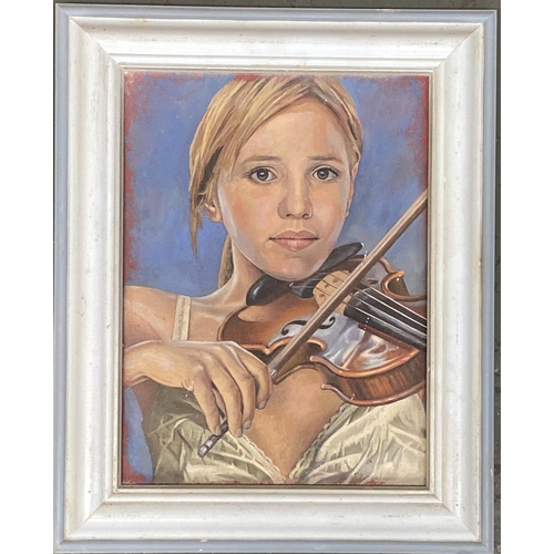 677 - Oil on canvas, girl playing violin, 40x29.5cm