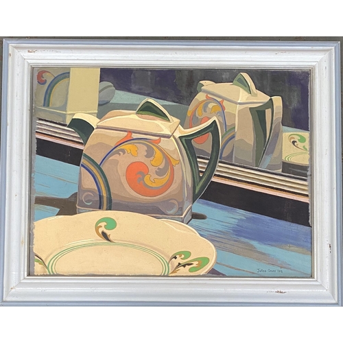 679 - Still life of an Art Deco teapot and its reflection, oil on canvas, signed Jules Cross and dated 201... 