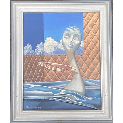 680 - Surrealist oil on canvas, the scene depicting a sculptural bust, bacon, clouds and quilted fabric, s... 