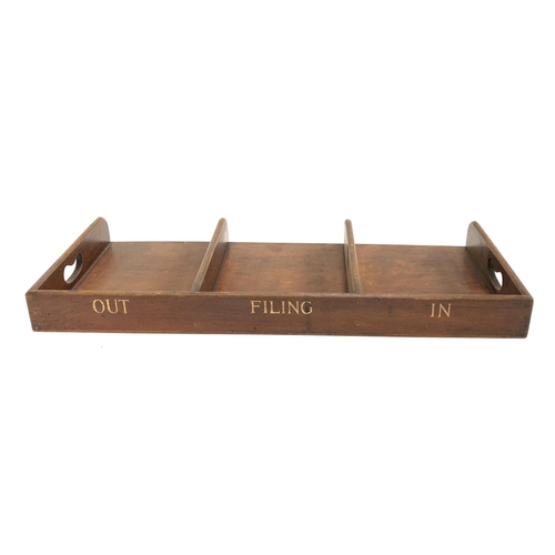 368 - A mahogany desk tray, 'In, Filing, Out', 70.5x33x6.5cm; each section approx 31x21.5m