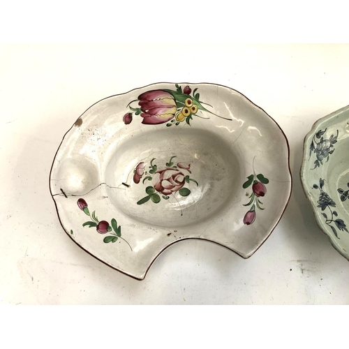 226 - Two ceramic shaving dishes, both with floral designs, with staple repairs, 30cmW & 33cmW (af)