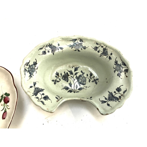 226 - Two ceramic shaving dishes, both with floral designs, with staple repairs, 30cmW & 33cmW (af)