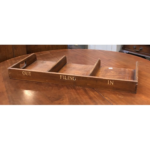 368 - A mahogany desk tray, 'In, Filing, Out', 70.5x33x6.5cm; each section approx 31x21.5m