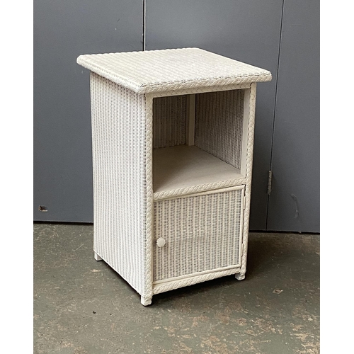 898 - A white painted Lloyd Loom style bedside cabinet, 64cmH; together with two painted child's chairs wi... 