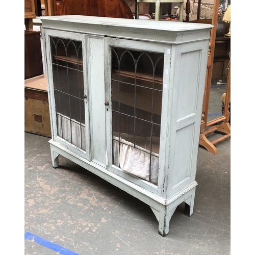 1147 - A light blue painted lead glazed bookcase, glass af, 122x34x122cmH