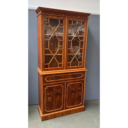 1158 - A 20th century yew veneer glazed secretaire bookcase, with cupboards below, 95x39x200cmH