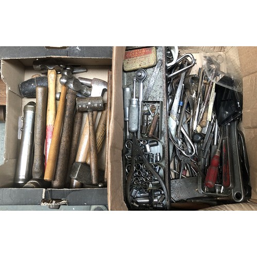 1151 - A box of vintage hammers and mallets, together with a further box of tools comprising various socket... 