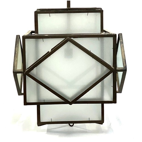 1168 - Interior design interest: a wrought metal and frosted glass Art Deco style geometric hanging lantern... 