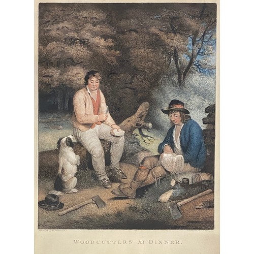 657 - After George Morland, 'Woodcutters at Dinner', c.1803, the plate 43x34cm ; together with after Hogar... 