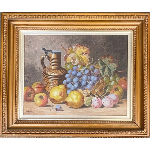 540 - Charles Thomas Bale (1849-1925), still life of fruit with a stoneware flagon, oil on canvas, signed,... 