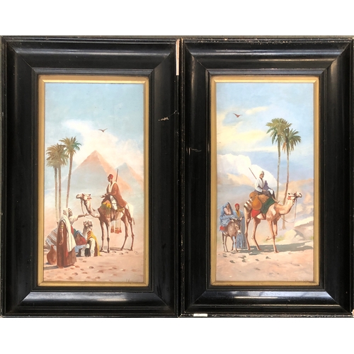 541 - John Coulson (fl.1920-1927), a pair of oils depicting camels and riders, one with the pyramids in th... 