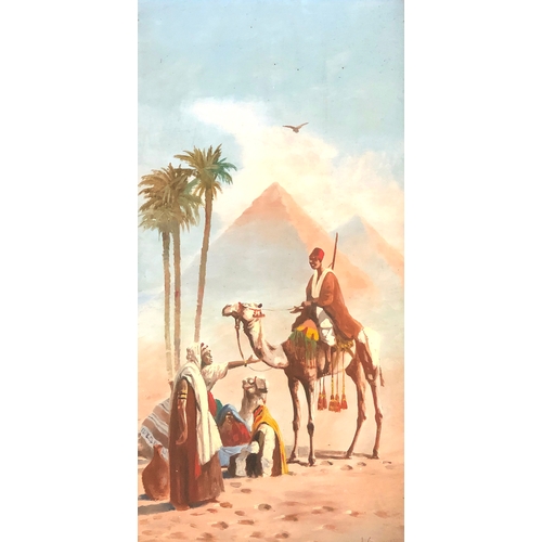 541 - John Coulson (fl.1920-1927), a pair of oils depicting camels and riders, one with the pyramids in th... 