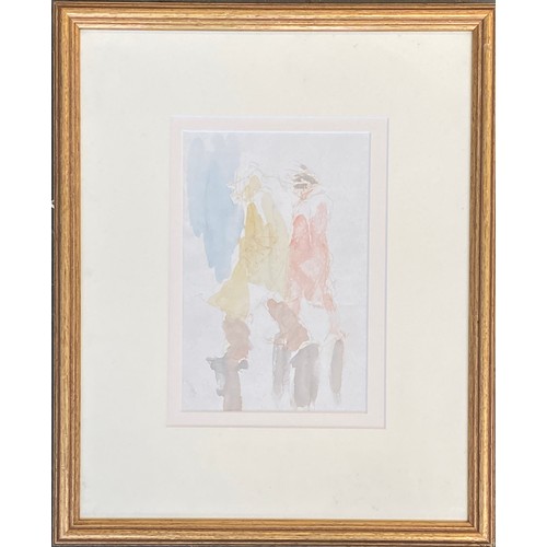 555 - Roland Batchelor RWS (1889-1990), two figures on a rainy street, watercolour on paper, authenticatio... 