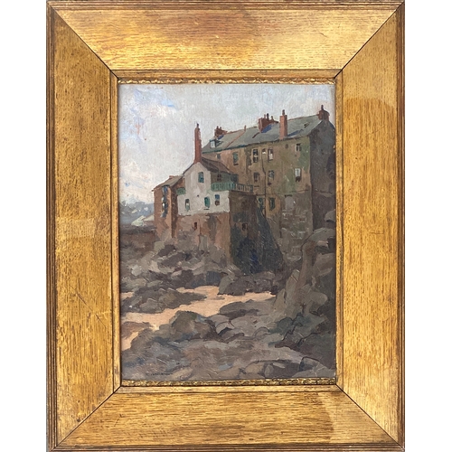 567 - William Todd-Brown (1875–1952), study of buildings at low tide, oil on board, 33x24cm