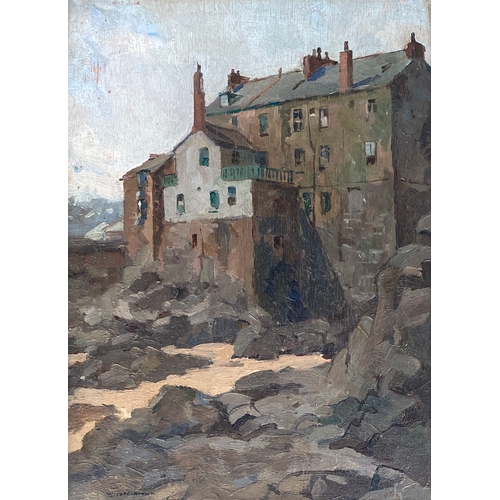 567 - William Todd-Brown (1875–1952), study of buildings at low tide, oil on board, 33x24cm