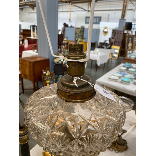 328 - A gilt brass and glass oil lamp, late 19th century, with cut glass reservoir now fitted with for ele... 