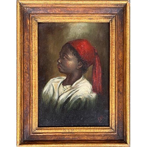 575 - Oil on board, portrait of a child in a red fez, 21x14cm