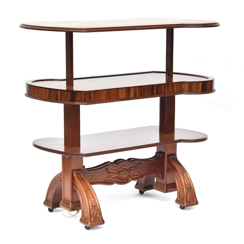 720 - A French Art Nouveau style mahogany and rosewood side table, the rectangular top with moulded edge a... 