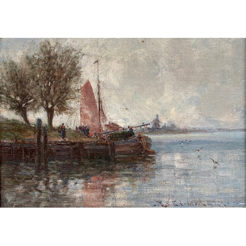 591 - Alfred Sanderson Edward RBA (1852-1915), Dutch scenes with windmill and river, 19th century oil on b... 