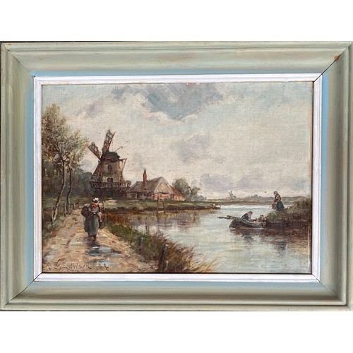 591 - Alfred Sanderson Edward RBA (1852-1915), Dutch scenes with windmill and river, 19th century oil on b... 