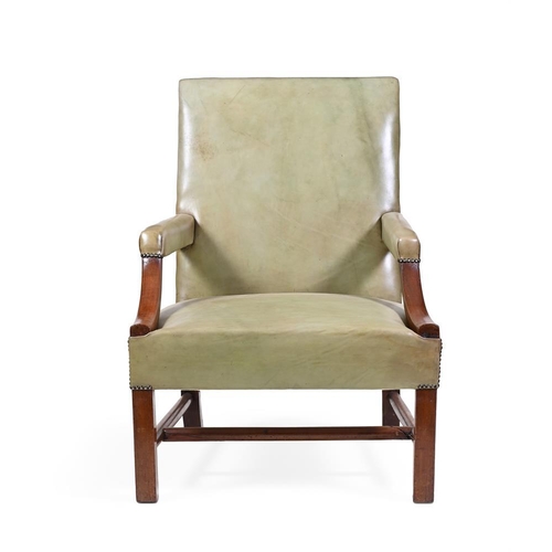 766 - A George III walnut, mahogany, and leather upholstered Gainsborough armchair, 69cm wide, 97cm high