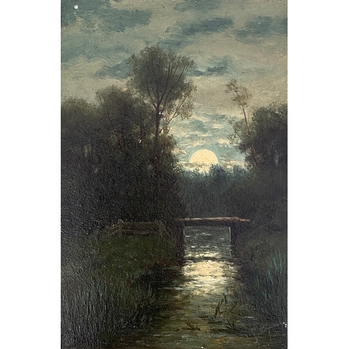 597 - William Frederick Hulk (British, 1852-1922), two small oils on panel, moonlit river and swans by pol... 