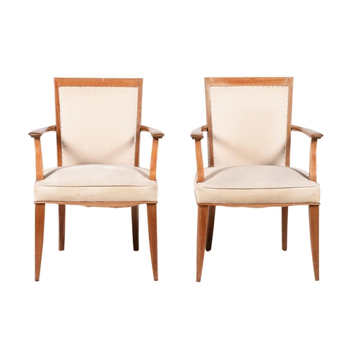 948 - A pair of mid century beech open armchairs, each 87cm high, 56cm wide, 52cm deep