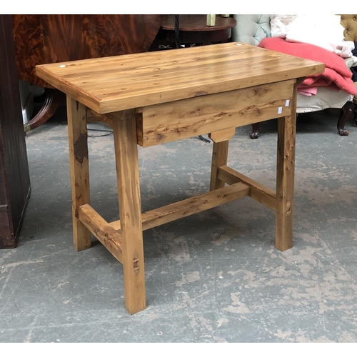 958 - A pair of olive wood side tables, each with single draw, on raised stretcher, each 91x50x76cmH