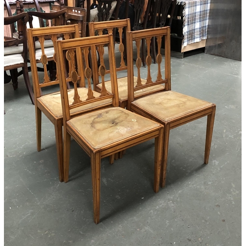 960 - A set of four Georgian revival satin mahogany and line inlaid side chairs, each with three vertical ... 