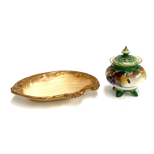 150 - A small Royal Worcester hand painted porcelain potpourri, 10cmH; together with a Royal Worcester dis... 