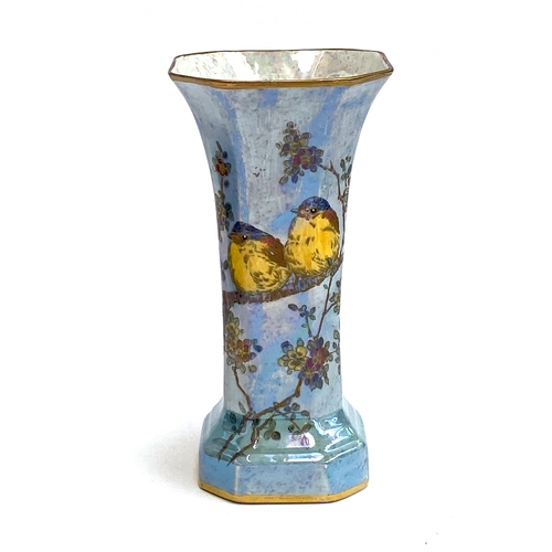 156 - An Art Deco Carlton Ware lustre sleeve vase decorated with birds on a branch, 19.5cmH; together with... 