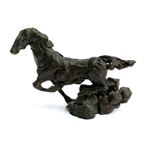 278 - A resin sculpture of a galloping horse (af), signed indistinctly and dated 'Lon '02, 25/5', 15cmH