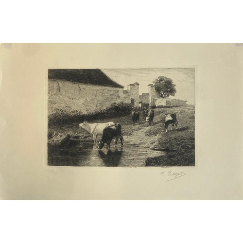 605 - Alfred-Louis Brunet-Debaines (1845-1939), drypoint etching, dated '66, 32x23.5cm; together with a fu... 