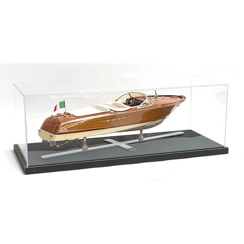 287 - Model boat interest: A scale model of a Venetian motor launch, probably Riva, 64cm long, within a pe... 