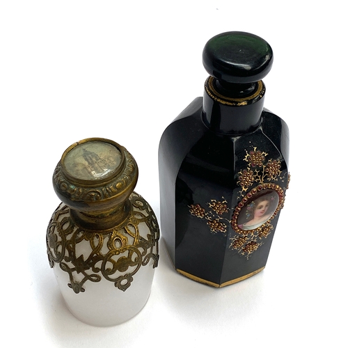 228 - A 19th century French gilt metal mounted dressing table bottle, the lid set with a glazed picture; t... 