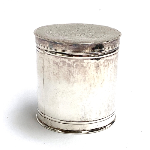 78 - An Eastern white metal lidded canister, the lid engraved with script and stamped 'M', 8cmH, approx. ... 