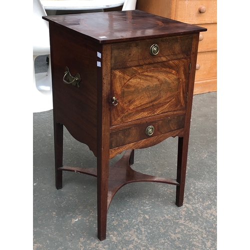 718 - A George III mahogany washstand with blind drawer, cupboard and single drawer, the square tapered le... 