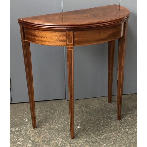 735 - A demilune card table, walnut veneer top, in George III style, 76cmW