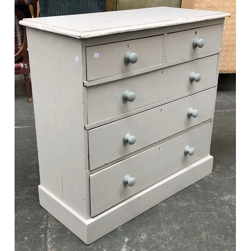 803 - A light grey painted Victorian pine chest of two short over three long drawers, on plinth base, 99x4... 